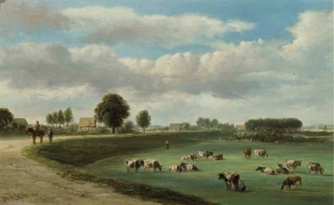 A panoramic view of a river landscape with cows in the forelands