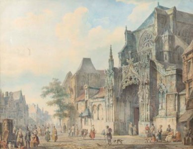 A townview with figures on a church square