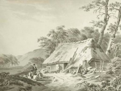 Harvesters resting near a shed