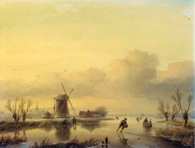 A winter landscape with figures on a frozen waterway