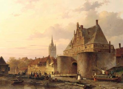 The Waterslootpoort at Delft at sunset, with the Prinsenhof in the distance