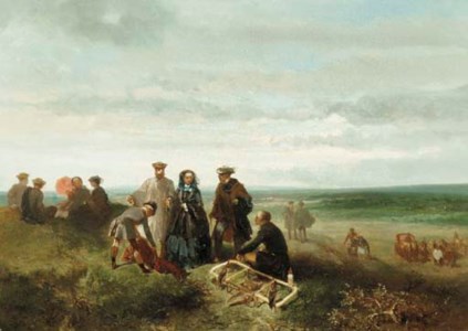 Chasse au faucon; An elegant company during a falcon hunt