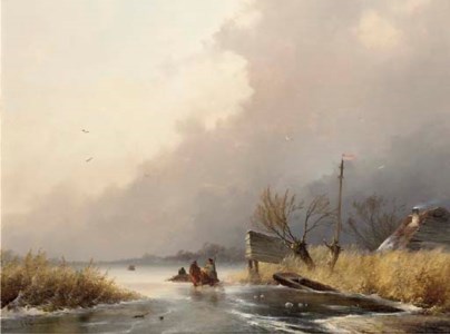 Woodgatherers on the ice on a windy day
