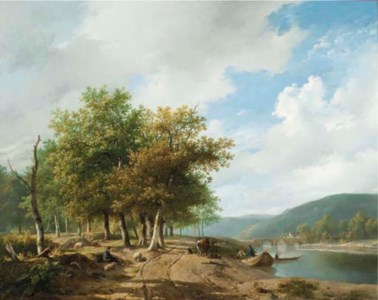 Daily activities along a river in a hilly landscape