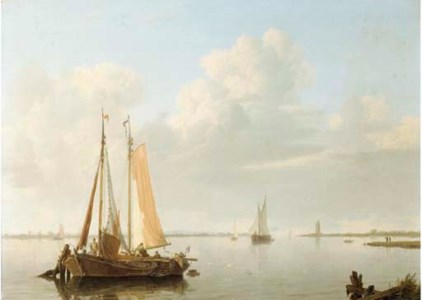 A calm: fishing vessels at anchor in a river estuary