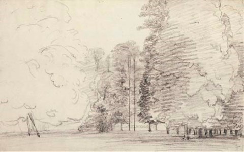 A folio of drawings, the majority landscape, topographical and figurative subjects including: Horse Chestnuts, Brampton park, Huntingdon; Brampton Park; Cows grazing by a tree, Brampton; Woodland landscape; Brampton, Huntingdon; Dunwich church ruins, Suffolk; Purton Stafpon; Gamekeeper, Hartwell; Hartwell bridge; Statue of a uniformed man on a column, Hartwell; Hartwell bridge with clock tower beyond; A seated man; A timber framed house, Wenlock, Shropshire; Study of a window; Wooden bridge; and the rear view of a church