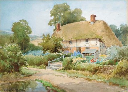 A thatched cottage with a well by a country lane