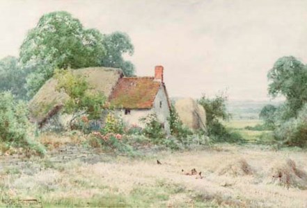 A thatched cottage with chickens in a rural landscape