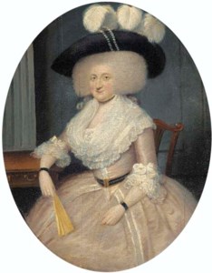 Portrait of a lady, small three-quarter-length, in a pink dress with lace trimming, holding a fan, in an interior