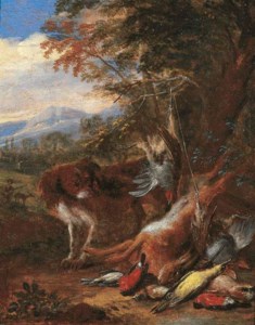 A hunting still life with a spaniel watching a bag of hare and songbirds, a landscape with a hunter and his dog beyond
