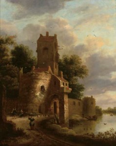A river landscape with peasants and travellers on a path before a fortified tower