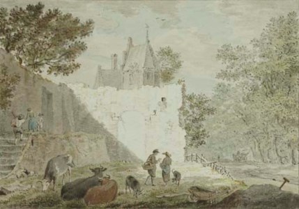Peasants with cattle among ruins, a road to the right