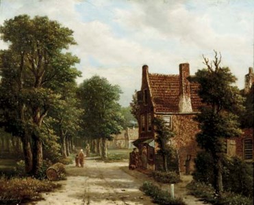 Houses along a treelined path