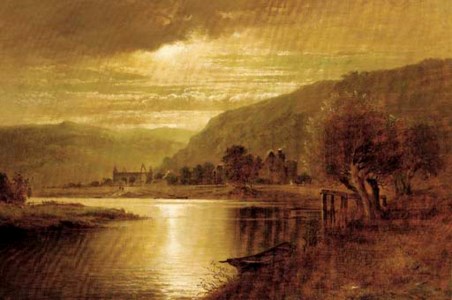 Tintern Abbey at sunset; and Figures resting in a tranquil river landscape