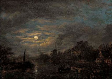 Boatmen on a moonlit waterway