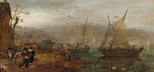 A river landscape with shipping with figures on a shore near an inn