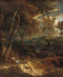 A wooded landscape with figures on a track