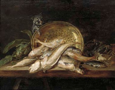 Fish, crabs, mussels, an artichoke, a copper pot and a cat on a table