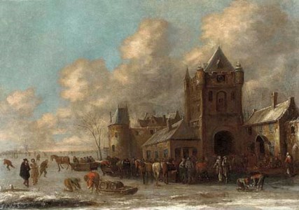 Townsfolk skating and sledging on a frozen moat before a town