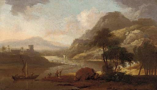 A Rhenish river landscape with figures by a boat