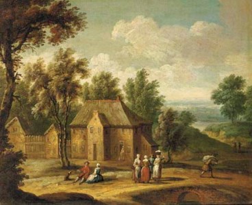 A wooded landscape, with figures on a bridge before a farmstead