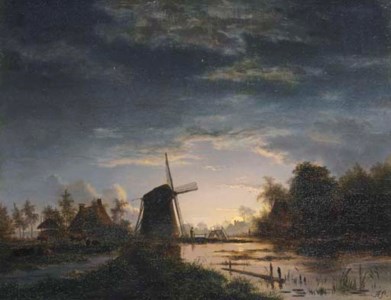The Moon rising over a Windmill and Cottages near a Marsh