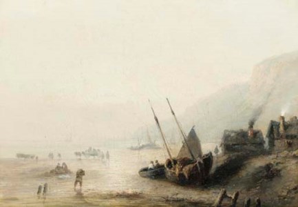 Figures gathering seaweed and a moored Sailboat on a Rocky Coastline