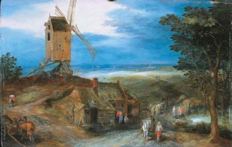 An extensive landscape with travellers passing a cottage and a miller on his way to a windmill, a town beyond