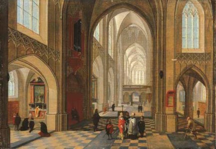 The interior of a cathedral with elegant company, a service in progress in a side chapel