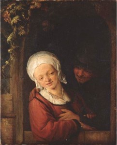 An amorous couple at a cottage door