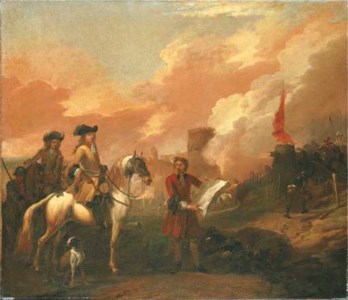 Two cavalry officers surveying the bombardment of a castle