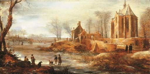 A winter landscape with figures skating on a frozen river by a church