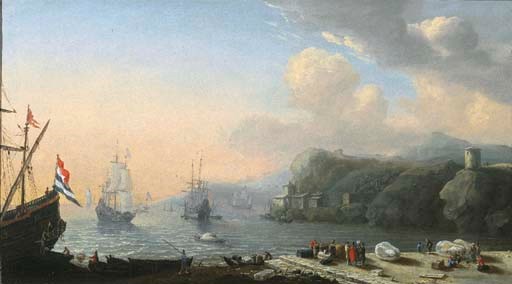 A mediterranean coastal landscape with merchants at a quay, shipping in a bay beyond