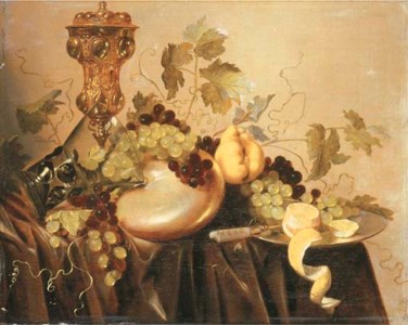 A silver-gilt cup and cover, an upturned roemer resting on a nautilus shell, grapes on the vine and a partly-peeled lemon with a knife on a silver plate on a draped table