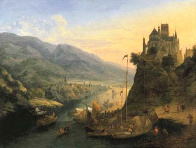 A Rhenish river landscape with a city below and a monastery on a hill