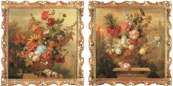 Roses, tulips, lilies, morning glory and other flowers in a sculpted vase on a plinth with poplar trees in a landscape beyond; and A sunflower, hollyhocks, lilies, honeysuckle and other flowers in a sculpted vase on a plinth in a wooded landscape with a classical pavilion