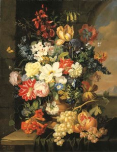 Roses, morning glory, an iris and other flowers in a sculpted urn with grapes and a pomegranate on a partly-draped ledge