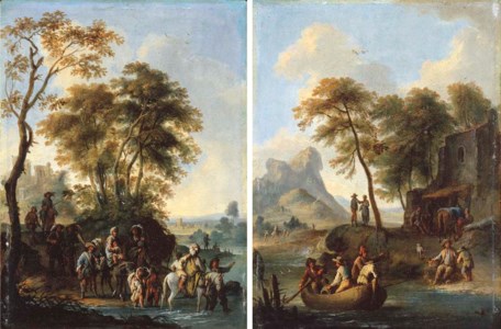 An Italianate wooded landscape with travellers crossing a river; and An Italianate wooded landscape with travellers in a ferry, an inn and mountains beyond