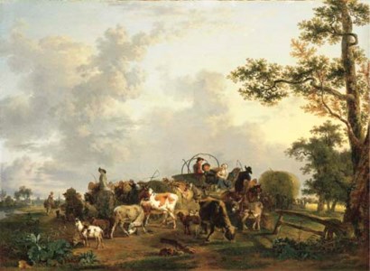 A pastoral landscape with peasants and livestock with wagons and a haywain during the harvest, a town beyond