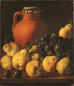 Luis Meléndez, An earthenware pitcher with pears and plums on a wooden table ledge