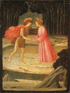 The Meeting of Christ and Saint John the Baptist by the River Jordan; the reverse painted as a circular trompe l'oeil door panel