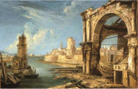 A capriccio of Roman buildings with a shipyard by a lagoon