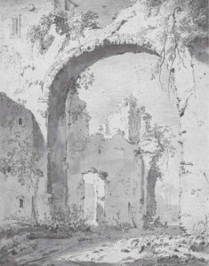 A ruined villa in the Roman campagna seen through a high arch
