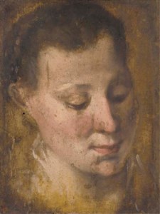 Head of a girl looking down to the right, her hair held in a plait