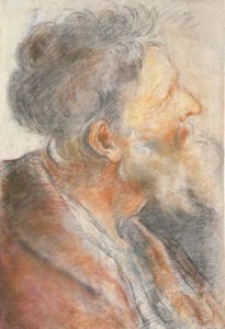 The head of a bearded old man looking up to the right