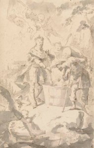 Saint Wendelin, Patron Saint of vineyards and vignerons, attended by angels and putti