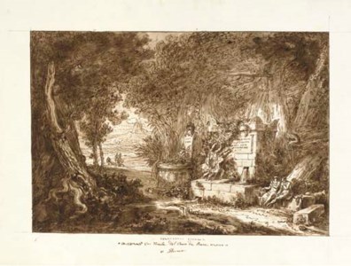 Figures at a tomb by an altar to Apollo, an extensive landscape seen through woods beyond