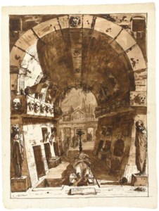 A vaulted sepulchre lined with niches, mourners in a cemetary beyond