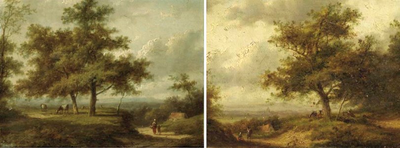 Forest landscapes with peasants on a sandy track