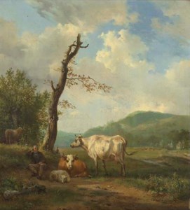 A hilly landscape with a shepherd and his flock resting by a tree
